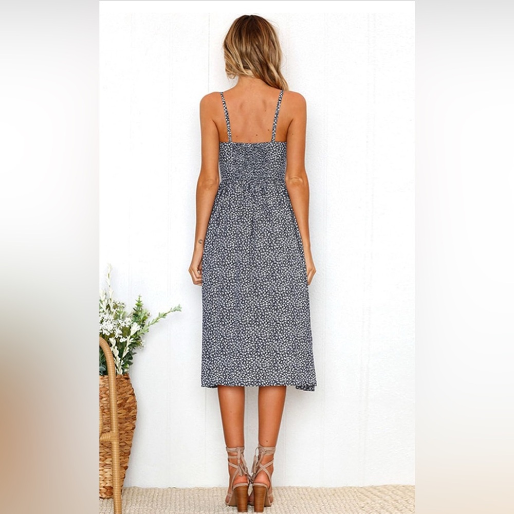 ANGASHION | Navy Blue and White Floral Spaghetti Buttoned Midi Sundress - Picture 3 of 11